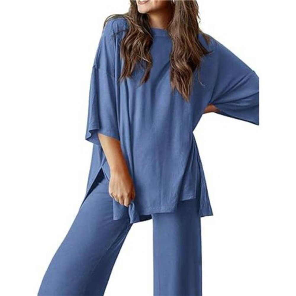 Slit Round Neck Top and Pants Set